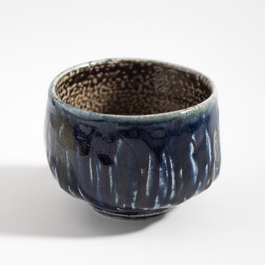 Mashiko Ware: Indigo Iron Salt Glaze Carved Tea Bowl (Half Cylinder Shape)