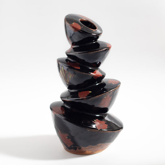 Mashiko Ware: Black Glaze Red Enamel Stacking Moon-shaped Vase