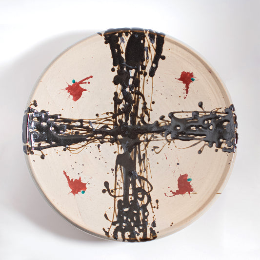 Mashiko Ware: Large Plate with Black Overglaze and Red Enamel Decoration on Natural Glaze