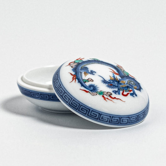 Arita Ware: Incense Container (Kōgō) with Blue-and-White & Overglaze Enamel Dragon Motif