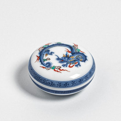Arita Ware: Incense Container (Kōgō) with Blue-and-White & Overglaze Enamel Dragon Motif