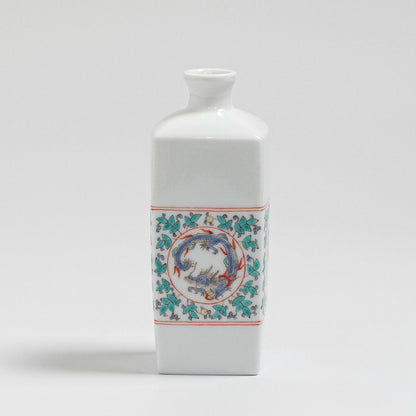 Arita Ware: Single-Flower Vase with Overglaze Enamel Dragon and Phoenix Design, Slender Angular Form