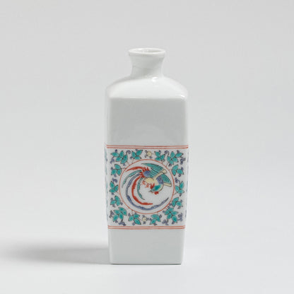 Arita Ware: Single-Flower Vase with Overglaze Enamel Dragon and Phoenix Design, Slender Angular Form