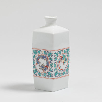 Arita Ware: Single-Flower Vase with Overglaze Enamel Dragon and Phoenix Design, Slender Angular Form