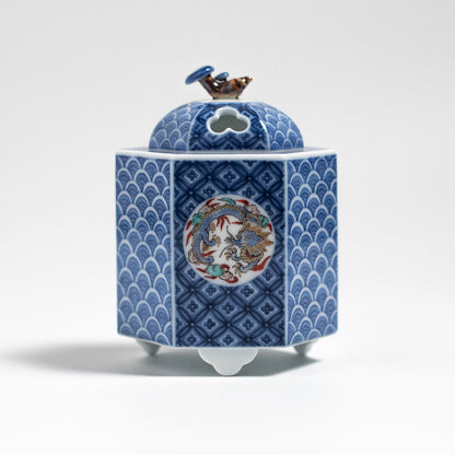 Arita Ware: Incense Burner with Kakiemon Overglaze Enamel and Blue-and-White Dragon Motifs