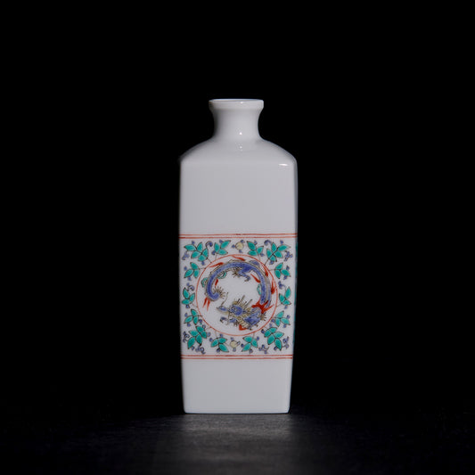 Arita Ware: Single-Flower Vase with Overglaze Enamel Dragon and Phoenix Design, Slender Angular Form